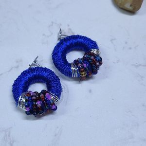 Handmade knitted earrings metallic finish silver plated and glass beads